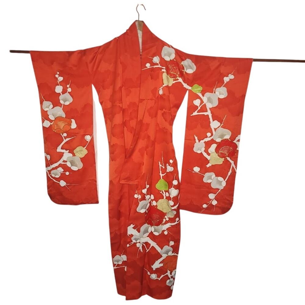 Vintage Silk Furisode (long sleeve) Kimono Robe Orange Gold Red Plum Blossom
